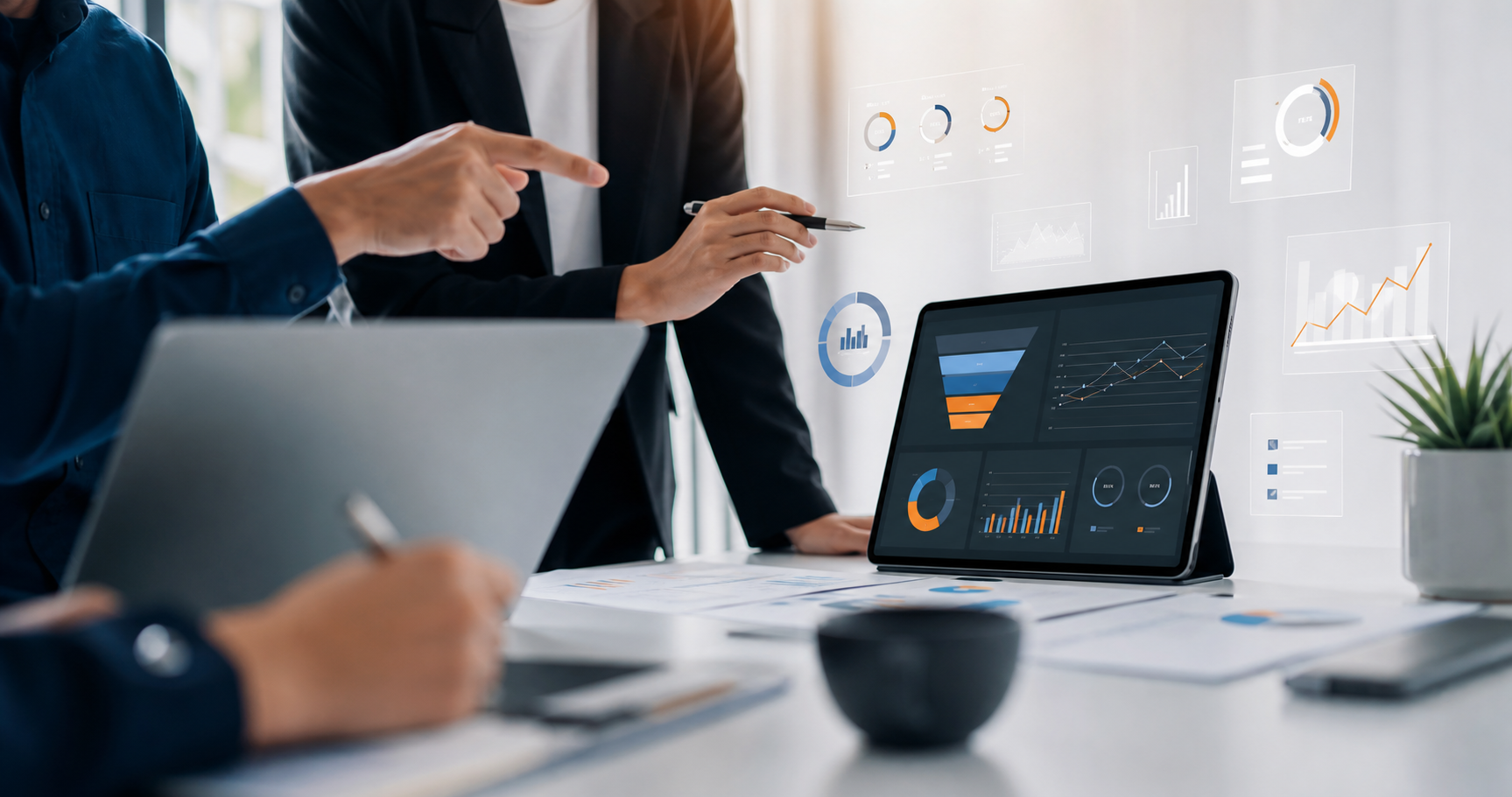 Revenue dashboard and performance analytics review in a professional workspace