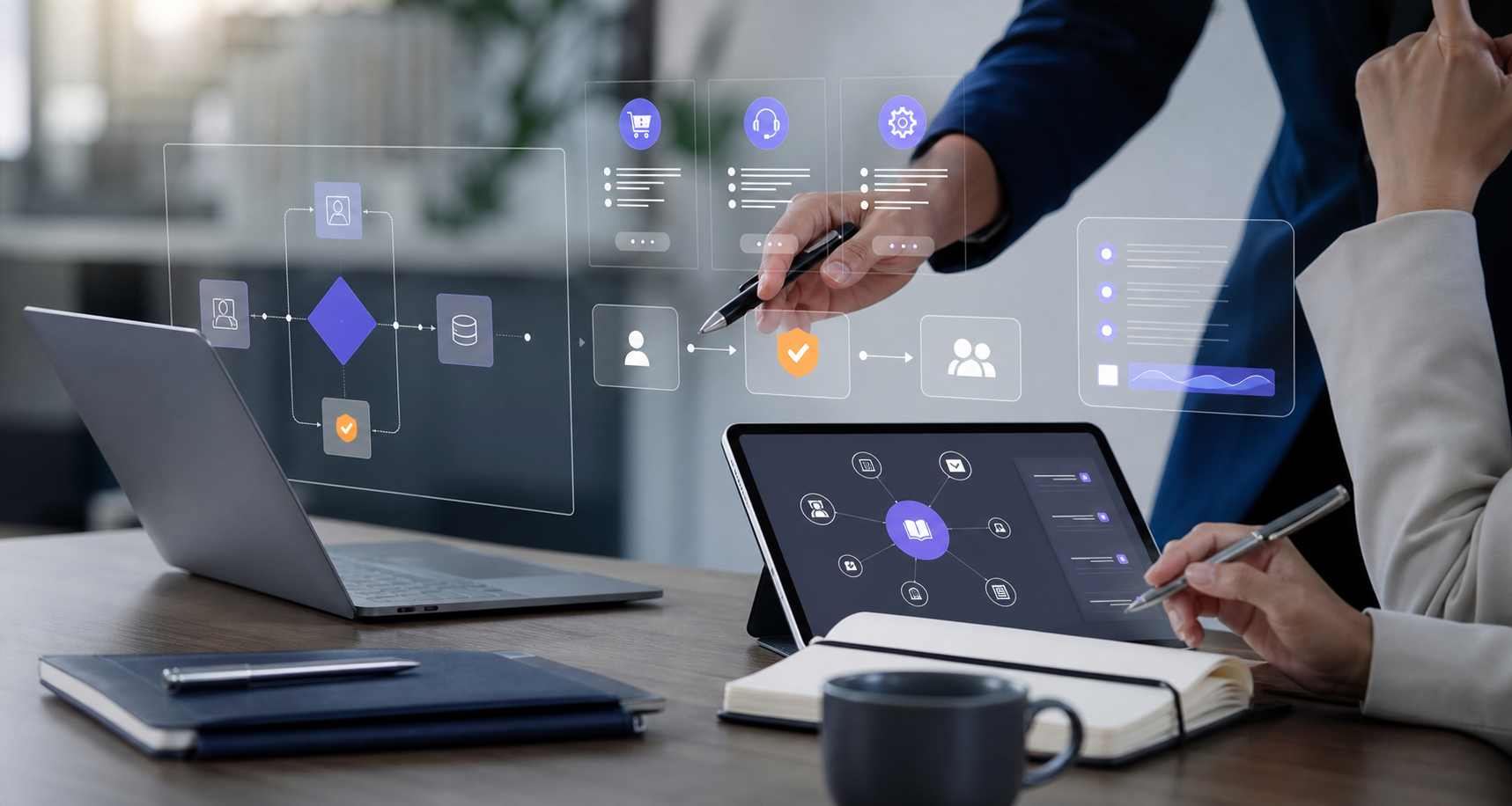 AI agent workflow planning session with abstract assistant interface overlays