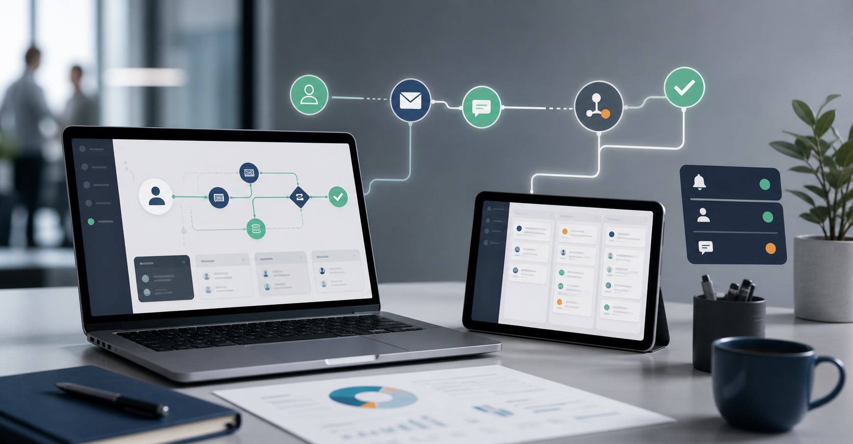 Workflow automation interfaces connecting leads, alerts, tasks, and CRM handoffs