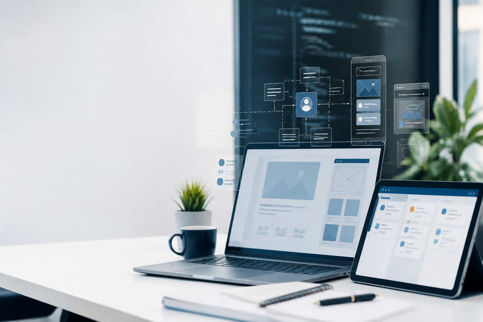 Premium workspace showing website, app, and CRM interface planning