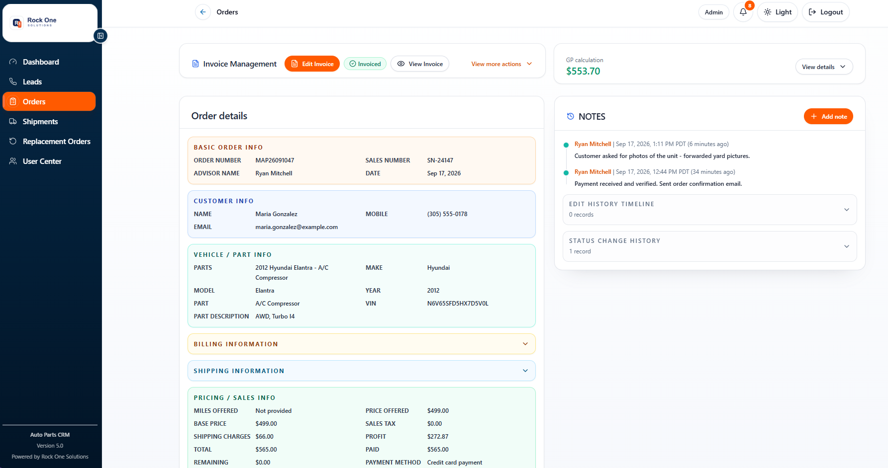 Auto Parts CRM order detail with invoice controls, customer data, pricing, notes, and history