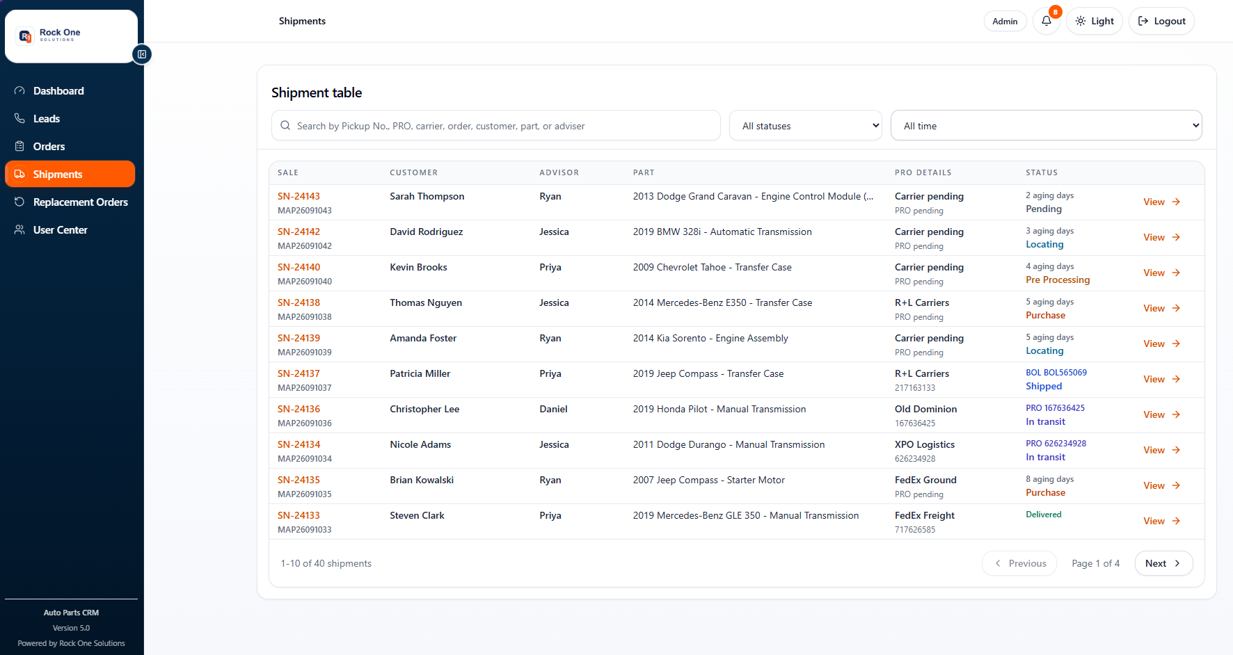 Auto Parts CRM shipment table with carrier, PRO, ageing, and delivery status