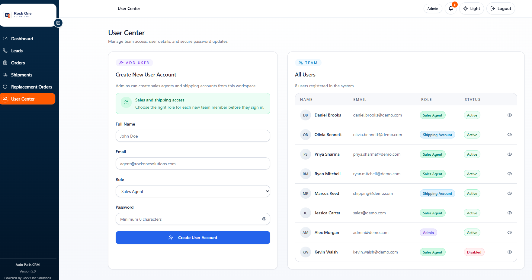 Auto Parts CRM user center for creating team accounts and managing role-based access