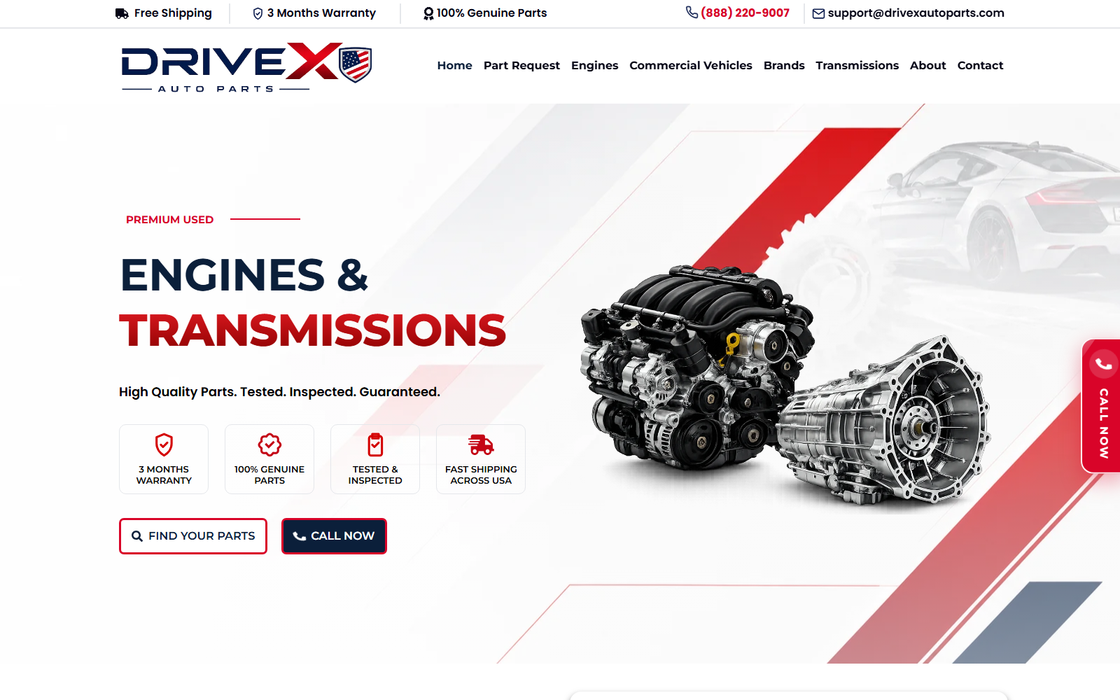 DriveX Auto Parts website showing used engines and transmissions