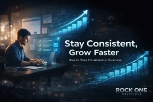how to stay consistent in business with focused entrepreneur, growth charts, and productivity system